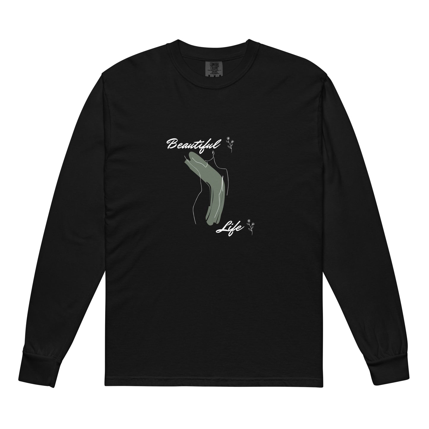 Image 1 of Black Bellevie Men's Long Sleeve Shirt - Left Placement, size S, with Beautiful Life artwork visible in front view.