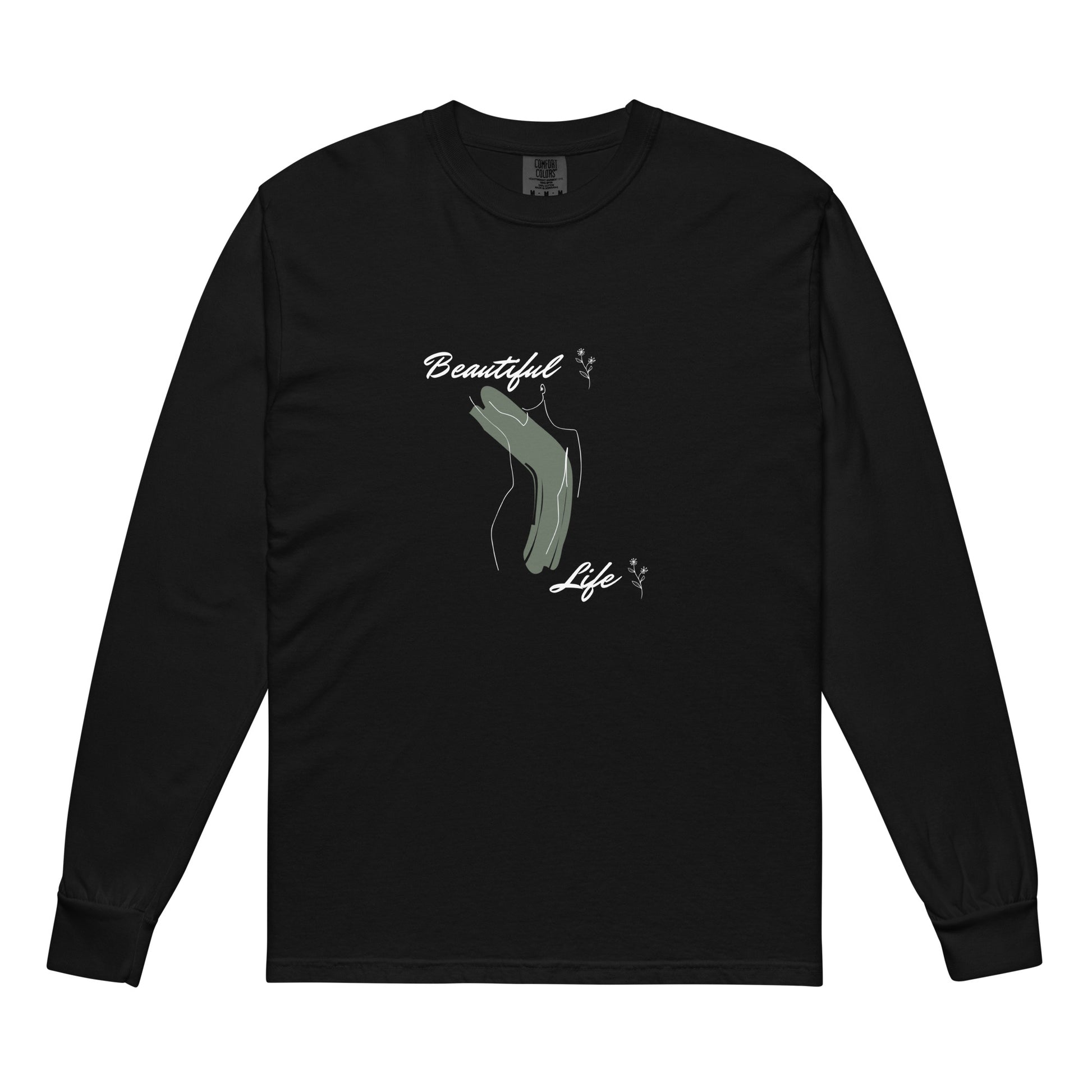 Image 1 of Black Bellevie Men's Long Sleeve Shirt - Left Placement, size S, with Beautiful Life artwork visible in front view.