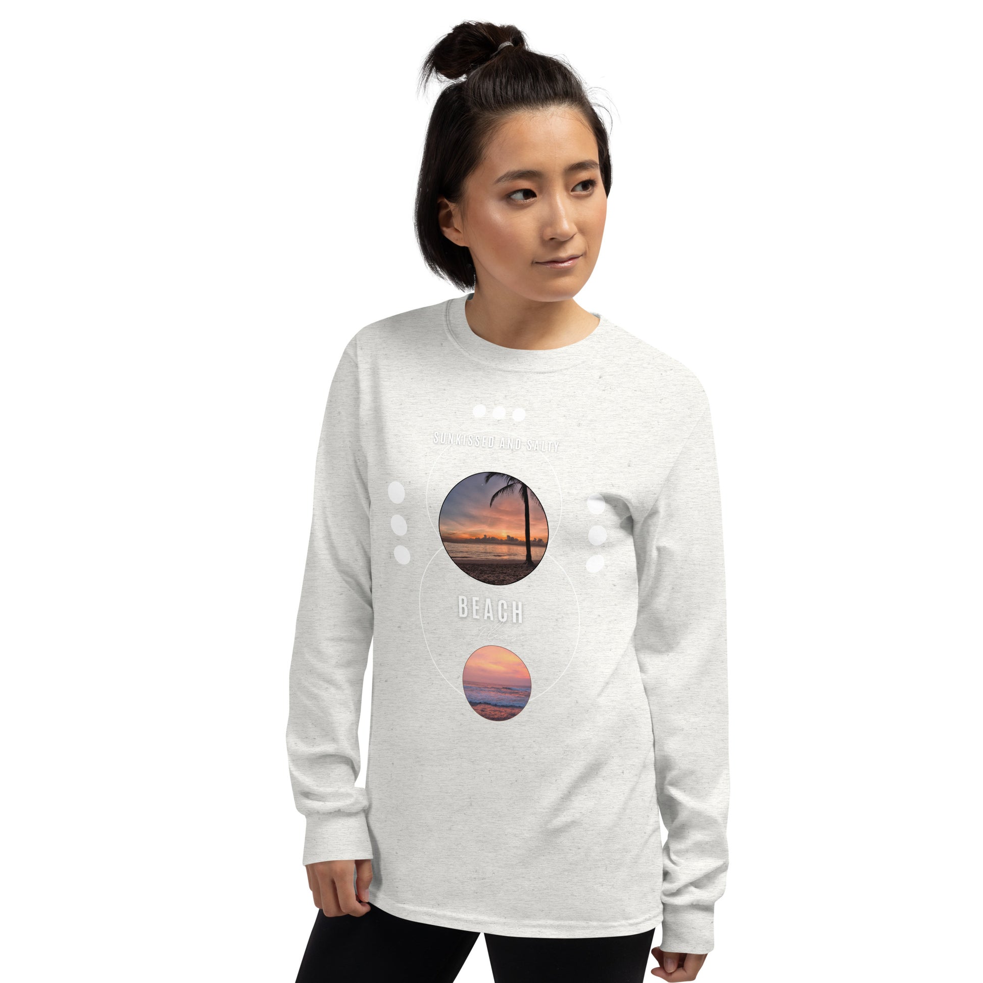 Image 16 of Maroon Coastline Attitude Men's Long Sleeve Shirt - Left Placement, size M, with Beach Please artwork visible in front view, left-side angle.