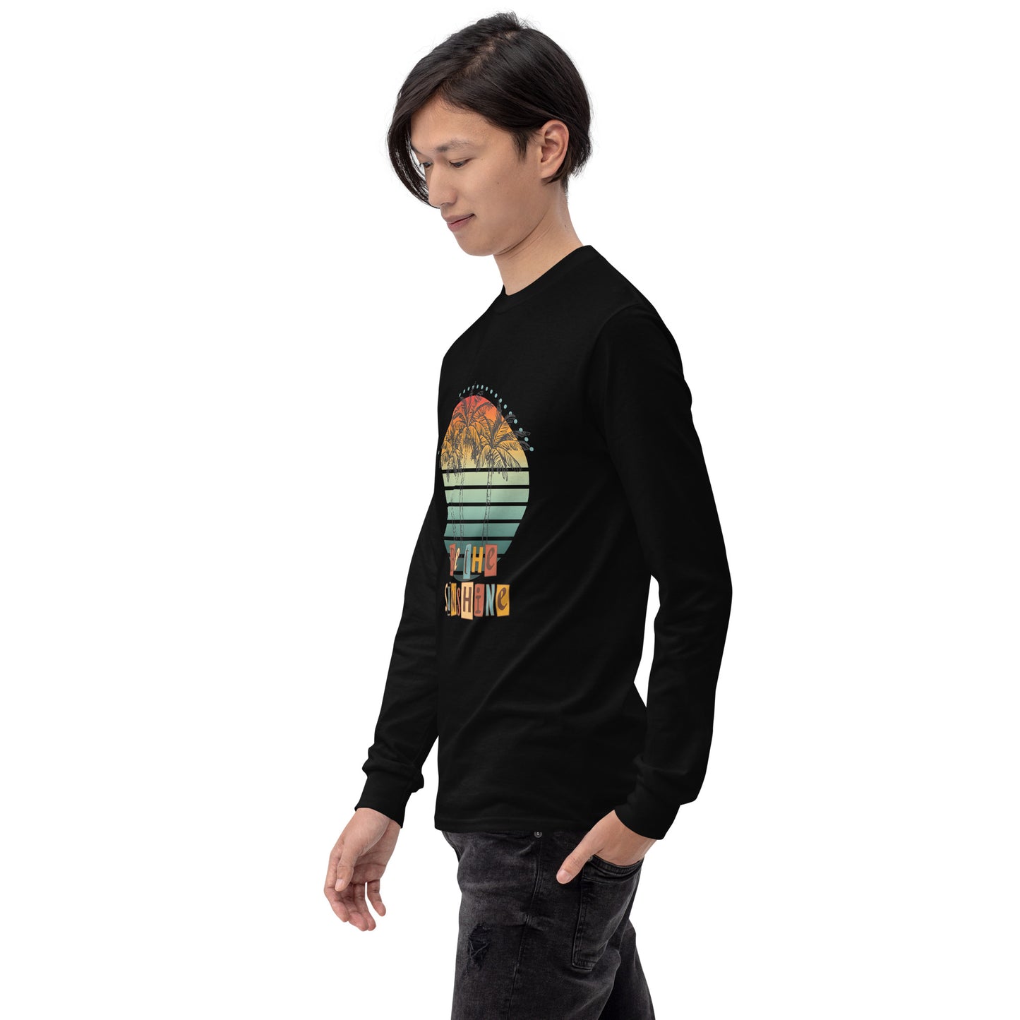 Image 4 of Black Solara Long Sleeve Shirt, size XL, with Be the Sunshine artwork visible in front view, left-side angle.