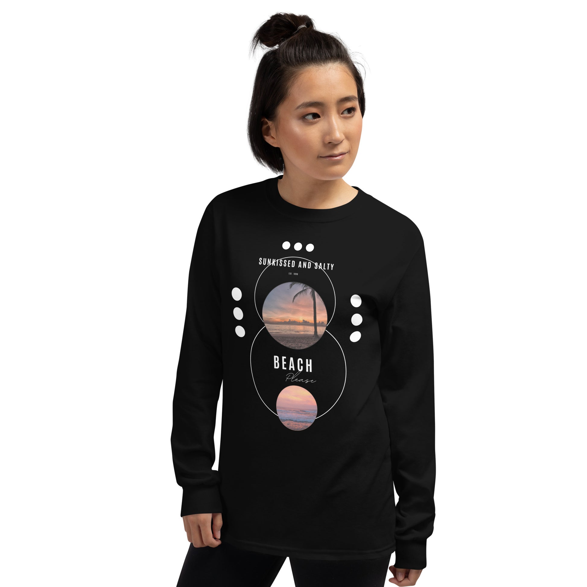 Image 8 of Navy Coastline Attitude Men's Long Sleeve Shirt - Left Placement, size S, with Beach Please artwork visible in front view, left-side angle.