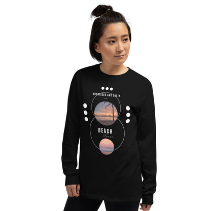 Image 8 of Navy Coastline Attitude Men's Long Sleeve Shirt - Left Placement, size S, with Beach Please artwork visible in front view, left-side angle.