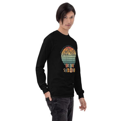 Image 6 of Navy Solara Long Sleeve Shirt, size S, with Be the Sunshine artwork visible in front view, right-side angle.
