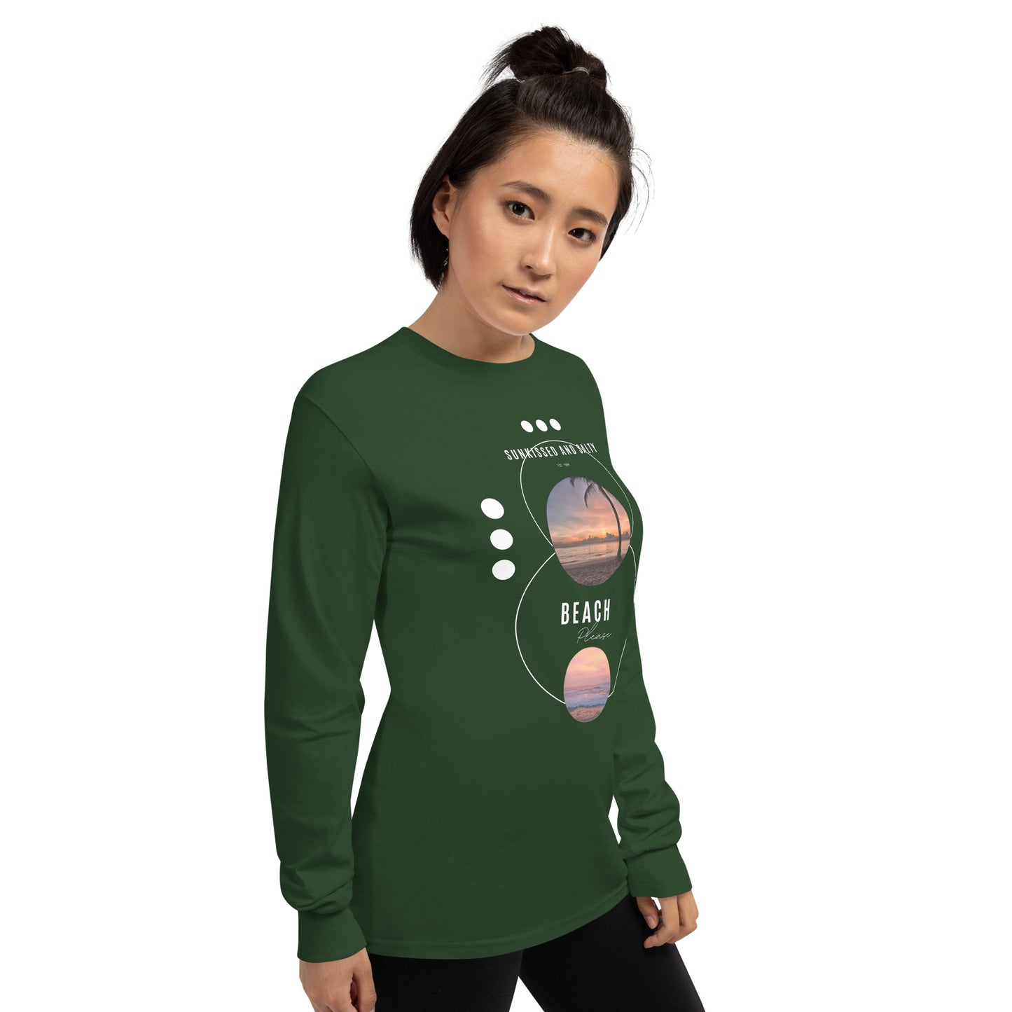 Coastline Attitude Men's Long Sleeve Shirt - Left Placement image 24: Forest Green version, size 2XL with front view, right-side angle of the Beach Please range.