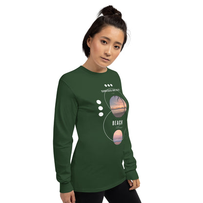 Coastline Attitude Men's Long Sleeve Shirt - Left Placement image 24: Forest Green version, size 2XL with front view, right-side angle of the Beach Please range.