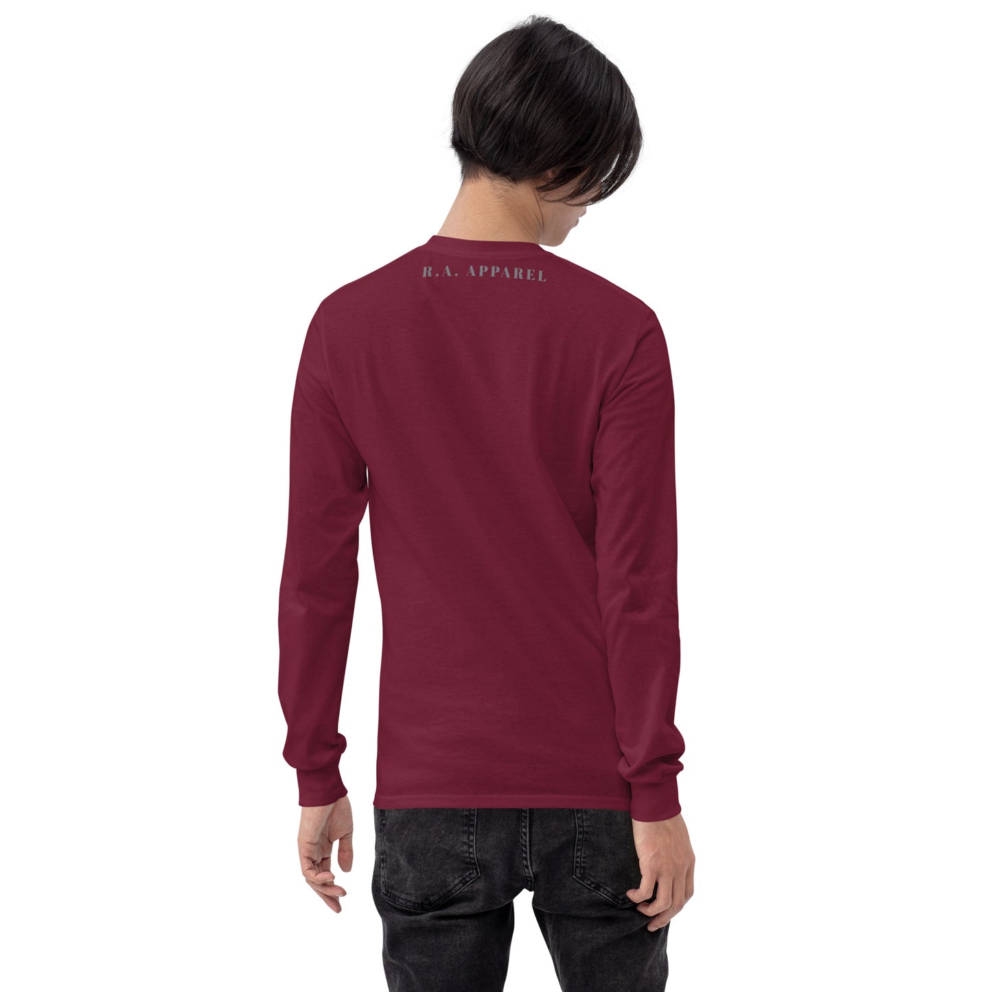 Solara Long Sleeve Shirt by R.A. Apparel, image 14, back view, Maroon, size XL, design placement.
