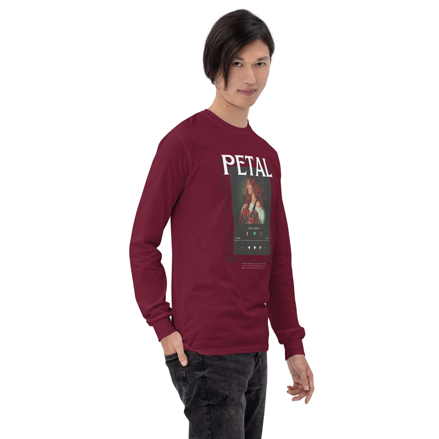 Image 18 of Forest Green Petaline Long Sleeve Shirt, size L, with Petal artwork visible in front view, right-side angle.