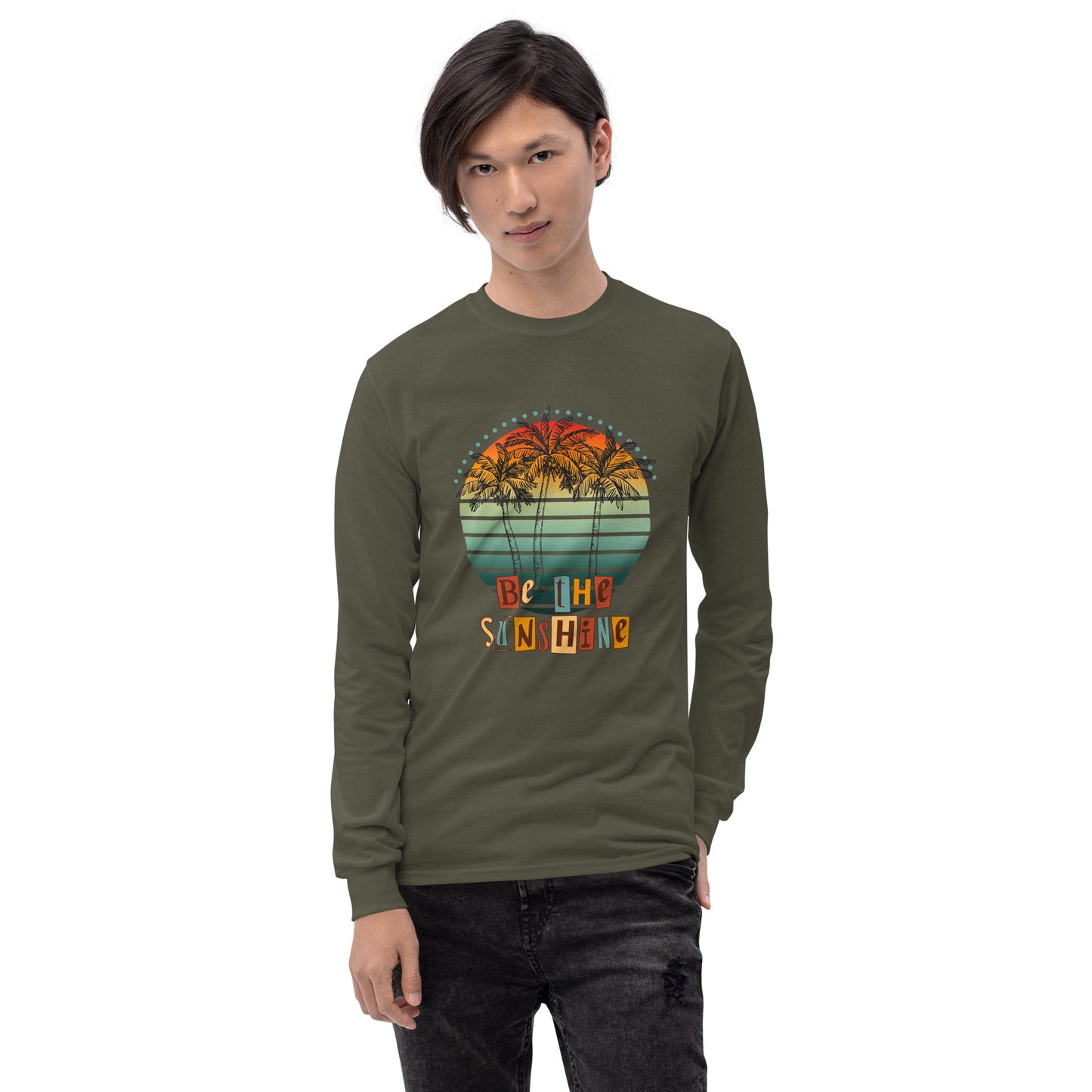 Image 37 of Indigo Blue Solara Long Sleeve Shirt, size M, with Be the Sunshine artwork visible in front view.