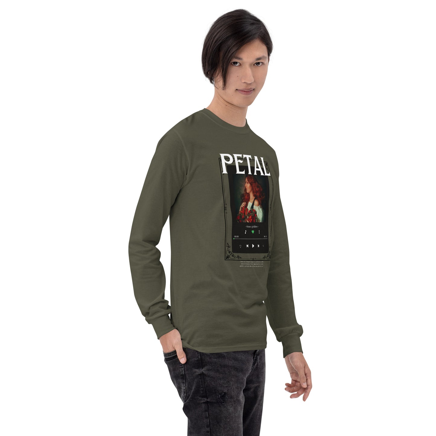 Image 42 of Irish Green Petaline Long Sleeve Shirt, size M, with Petal artwork visible in front view, right-side angle.