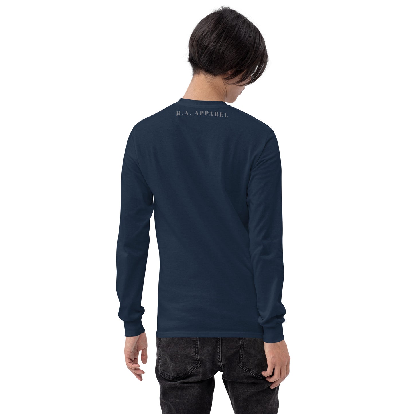 Image 8 of Navy Solara Long Sleeve Shirt, size L, with Be the Sunshine artwork visible in back view.