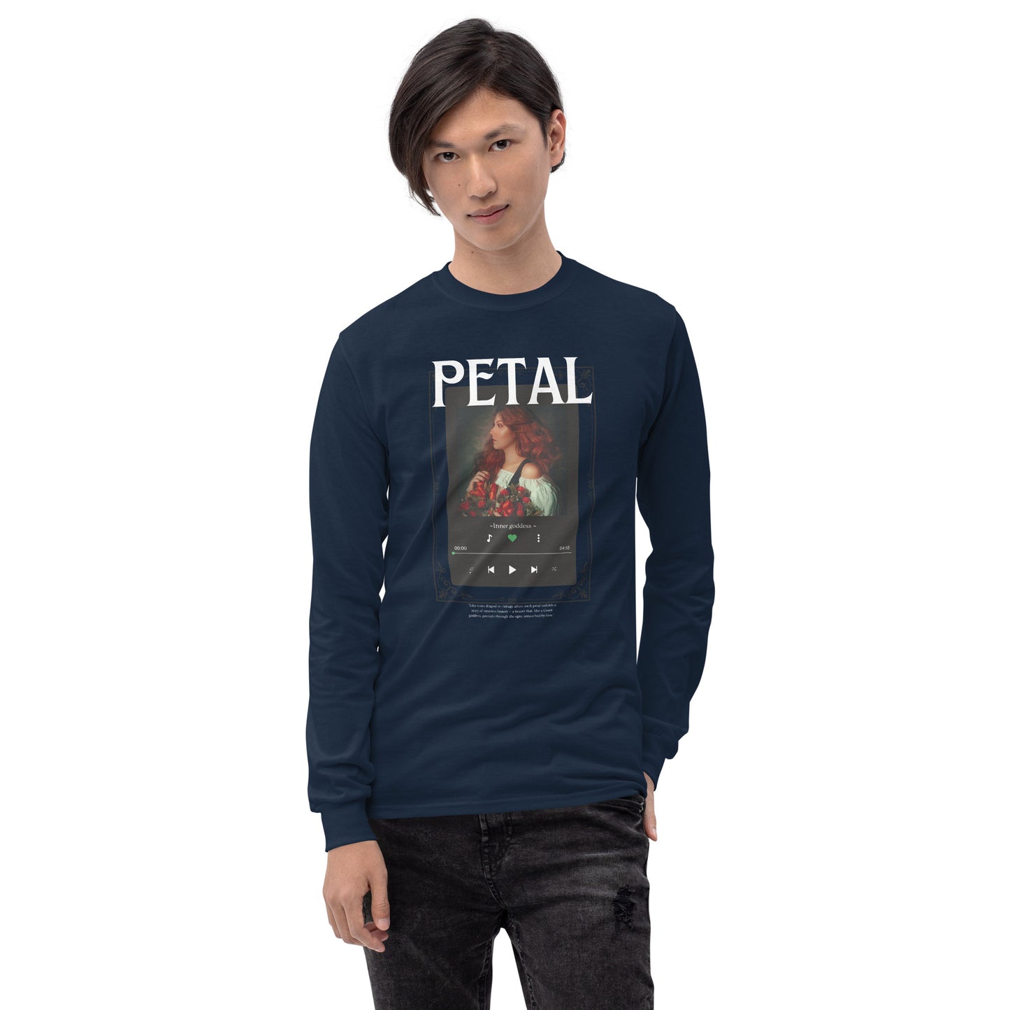 Image 7 of Navy Petaline Long Sleeve Shirt, size M, with Petal artwork visible in front view.