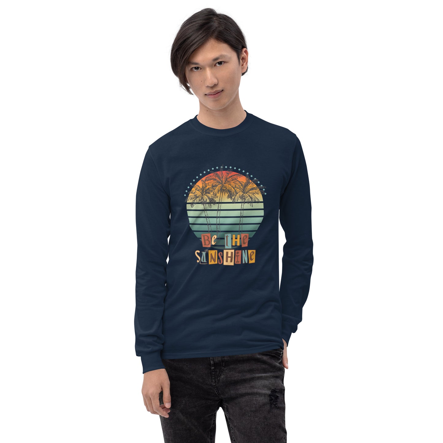 Image 7 of Navy Solara Long Sleeve Shirt, size M, with Be the Sunshine artwork visible in front view.