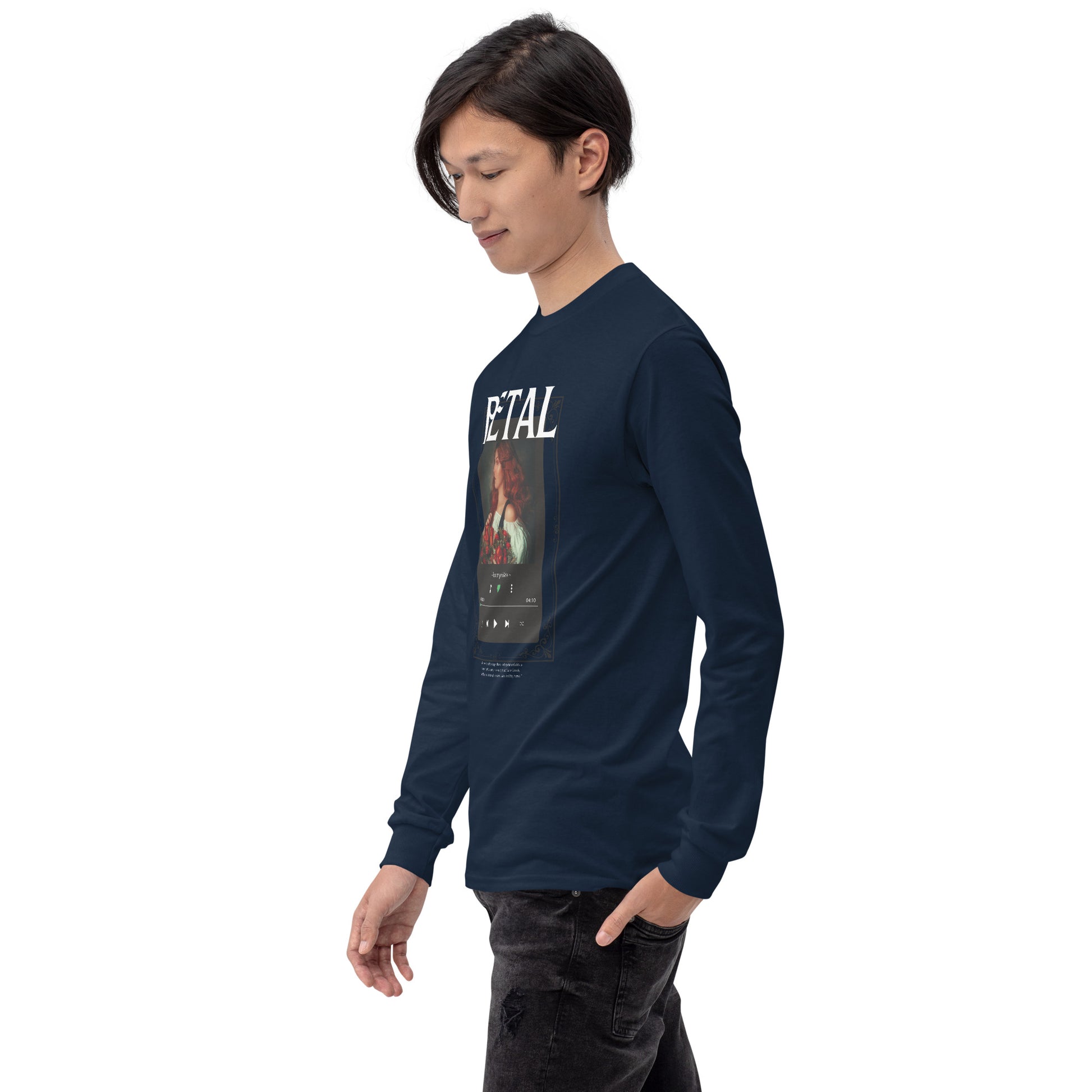 Petaline Long Sleeve Shirt by R.A. Apparel, image 10, front view, left-side angle, Navy, size 2XL, design placement.