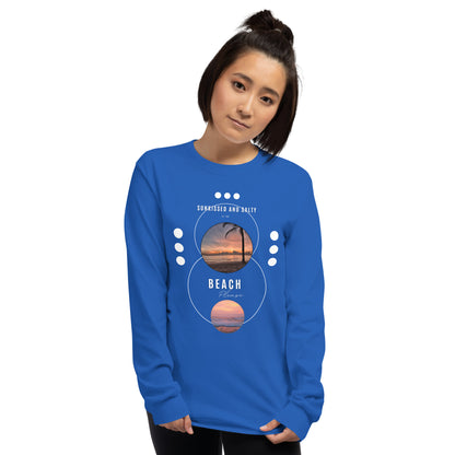 Image 67 of Light Blue Coastline Attitude Men's Long Sleeve Shirt - Left Placement, size S, with Beach Please artwork visible in front view.