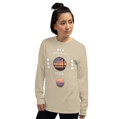 Image 74 of Sand Coastline Attitude Men's Long Sleeve Shirt - Left Placement, size M, with Beach Please artwork visible in front view, left-side angle.