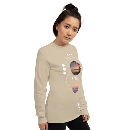Image 78 of Light Pink Coastline Attitude Men's Long Sleeve Shirt - Left Placement, size S, with Beach Please artwork visible in front view, right-side angle.