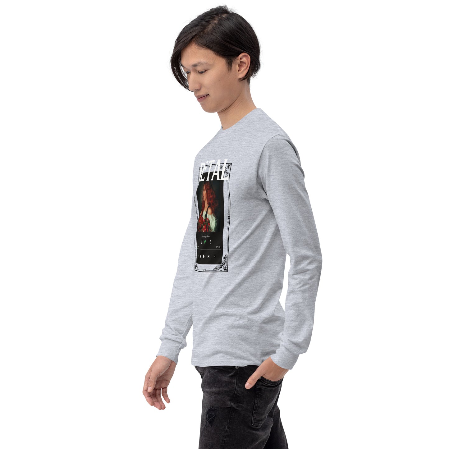 Petaline Long Sleeve Shirt by R.A. Apparel, image 58, front view, left-side angle, Sand, size L, design placement.