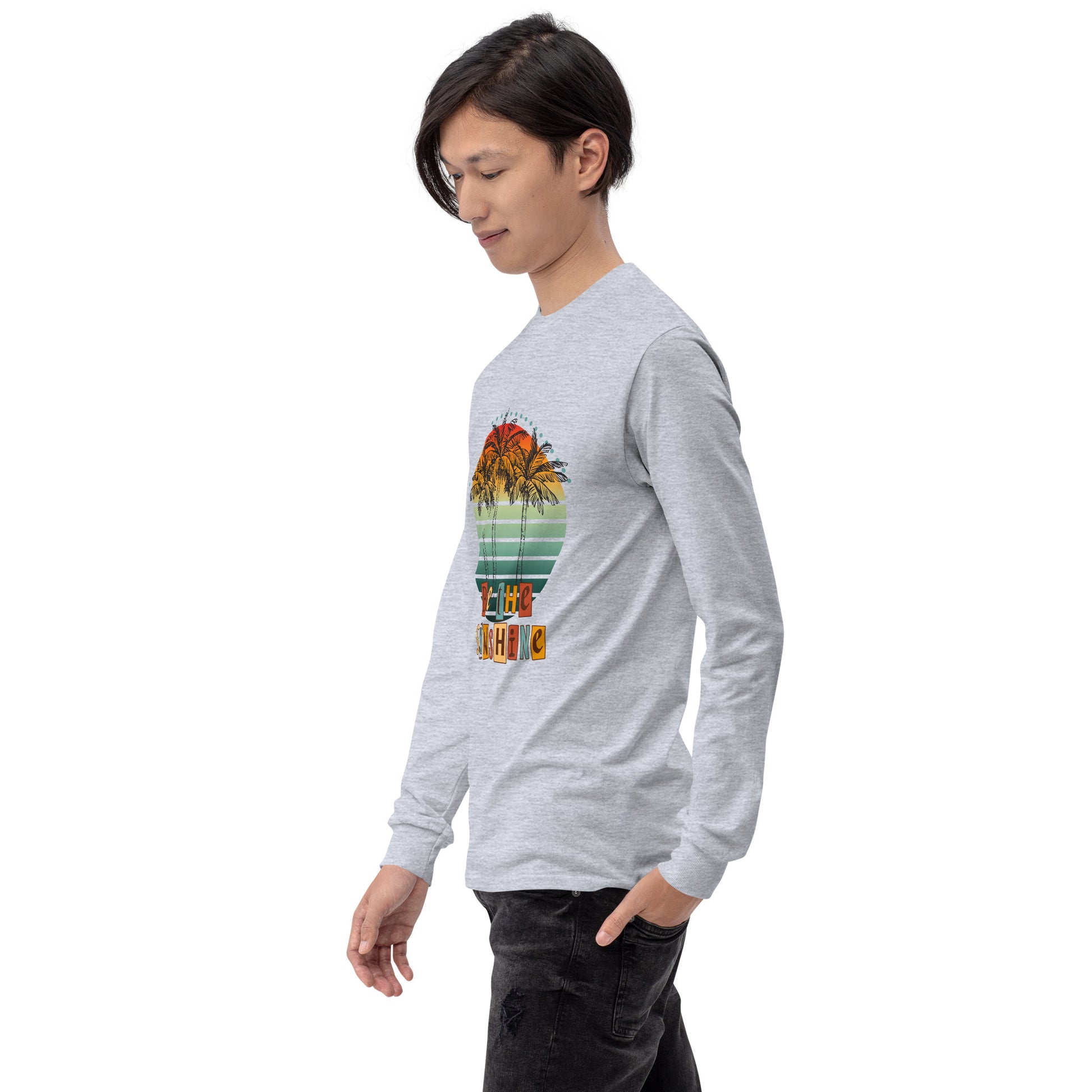 Image 58 of Sand Solara Long Sleeve Shirt, size L, with Be the Sunshine artwork visible in front view, left-side angle.