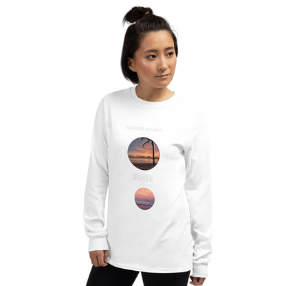 Image 2 of Black Coastline Attitude Men's Long Sleeve Shirt - Left Placement, size M, with Beach Please artwork visible in front view, left-side angle.