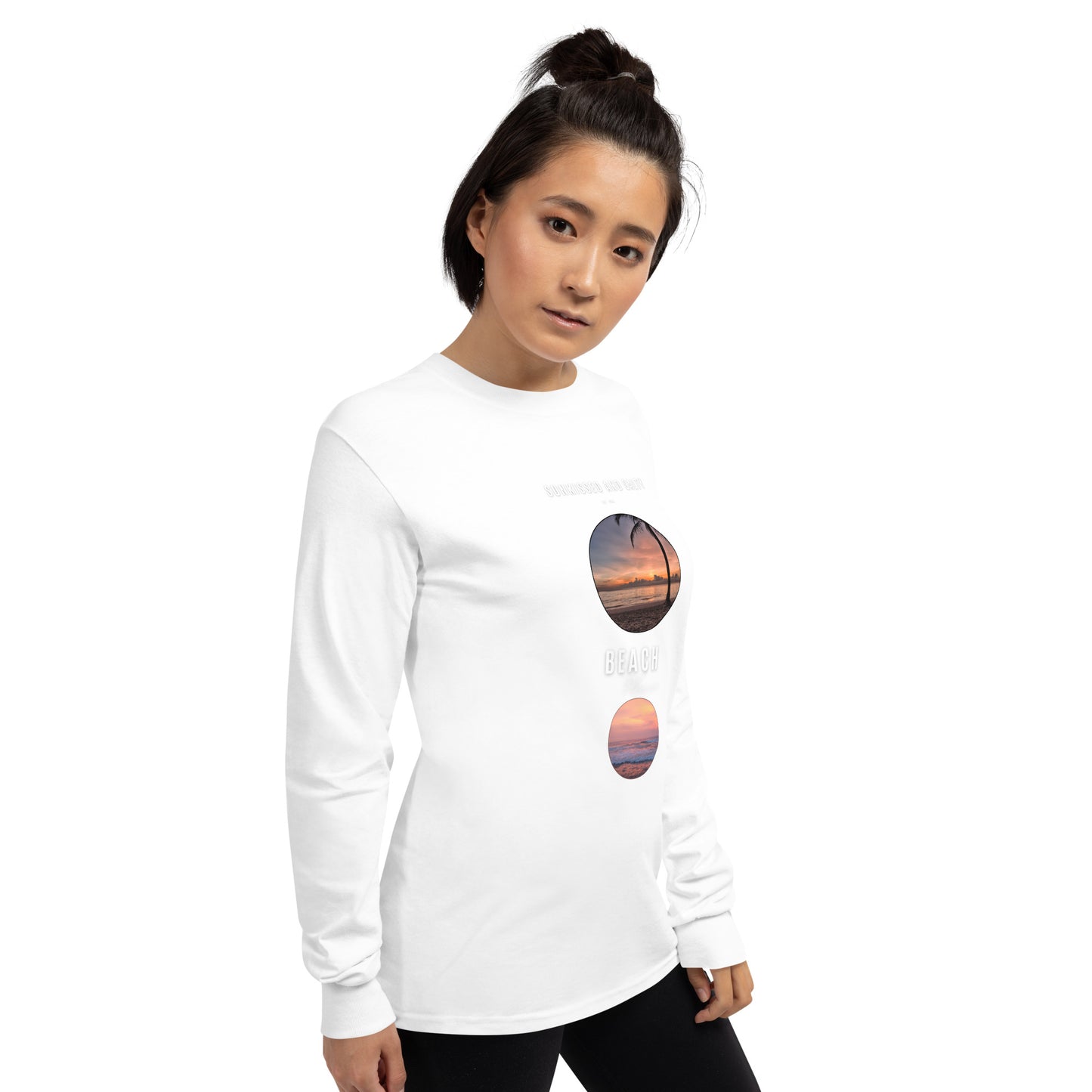 Coastline Attitude Men's Long Sleeve Shirt - Left Placement image 6: Black version, size 3XL with front view, right-side angle of the Beach Please range.
