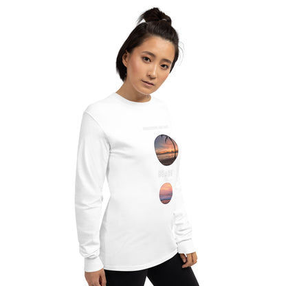 Coastline Attitude Men's Long Sleeve Shirt - Left Placement image 6: Black version, size 3XL with front view, right-side angle of the Beach Please range.