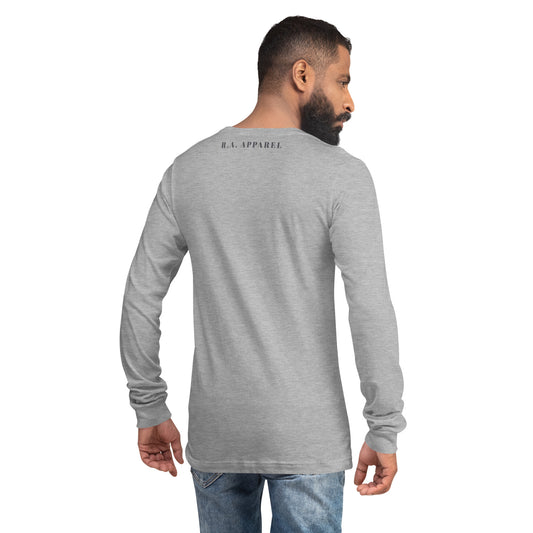Image 1 of Navy Breathing Room Long Sleeve Shirt - Left Placement, size XS, with Just Breathe artwork visible in back view.
