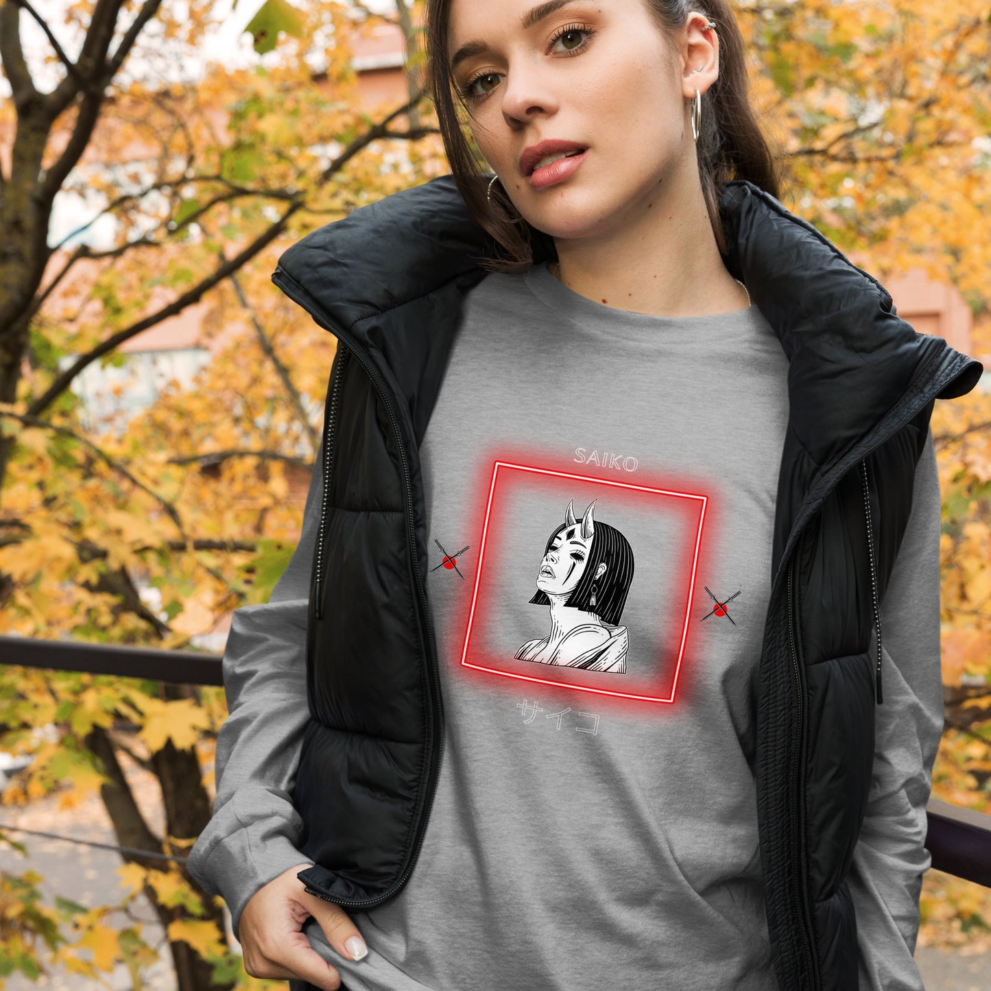 Saiko Long Sleeve Shirt - Left Placement image 2: Black Heather version, size S with front view of the Saiko range.