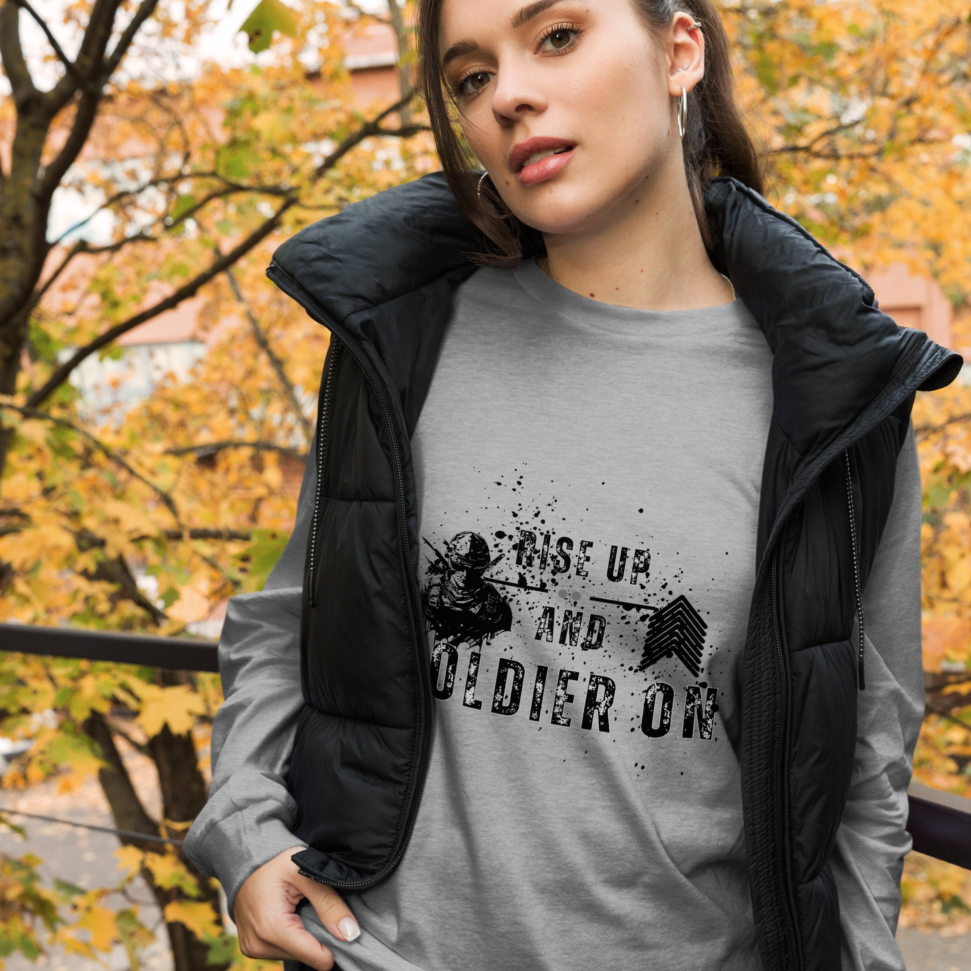 Fortitude Long Sleeve Shirt - Left Placement image 2 in Navy, size S, showing front view for the Soldier On design.