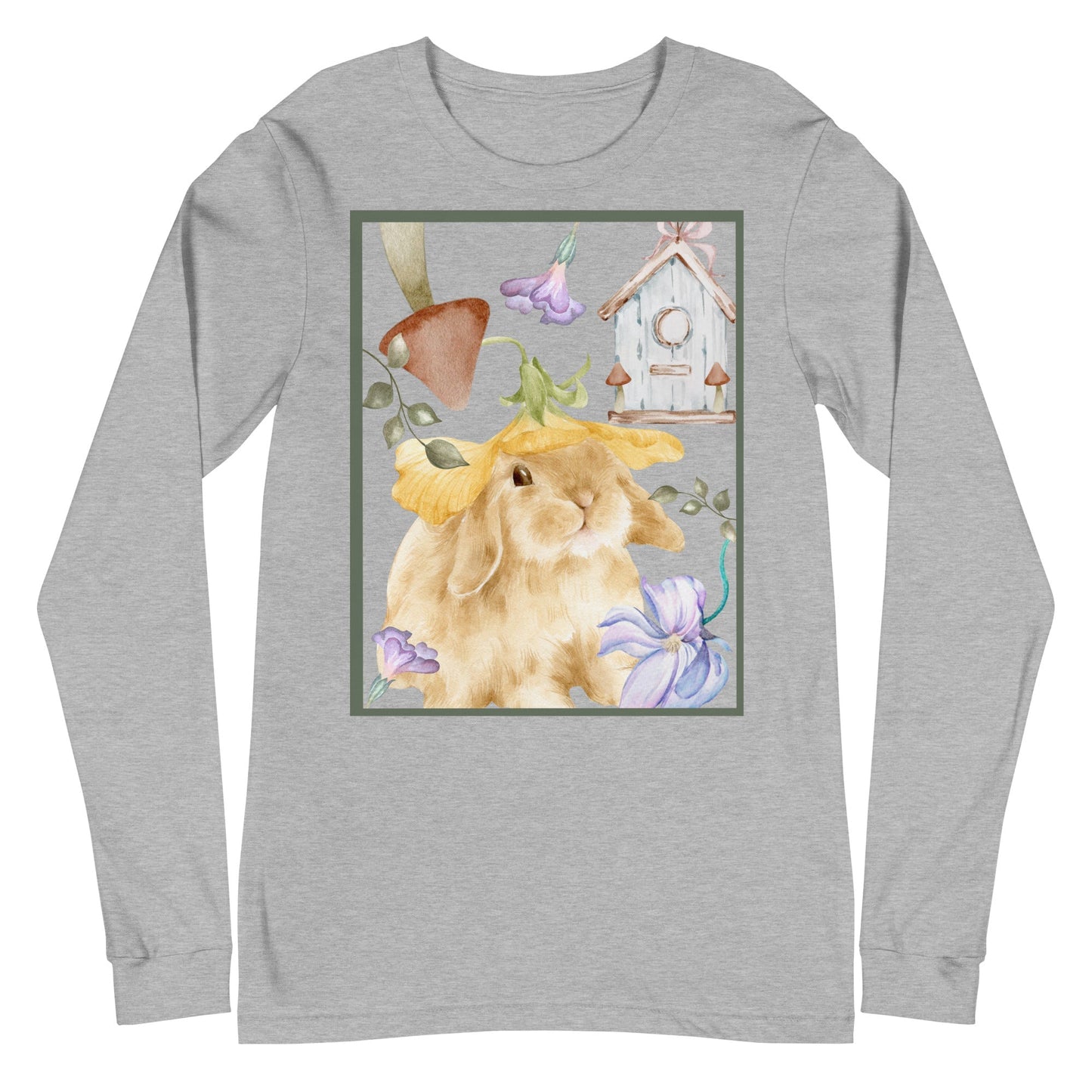 Image 16 of Maroon Meadow Club Long Sleeve Shirt - Left Placement, size XS, with Bunny Collage artwork visible in front view.