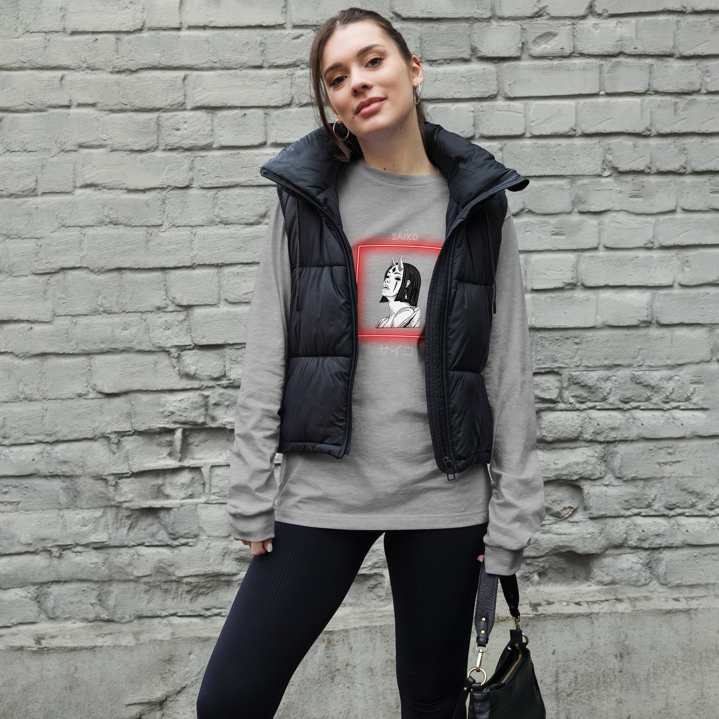 Image 1 of Black Heather Saiko Long Sleeve Shirt - Left Placement, size XS, with Saiko artwork visible in front view.