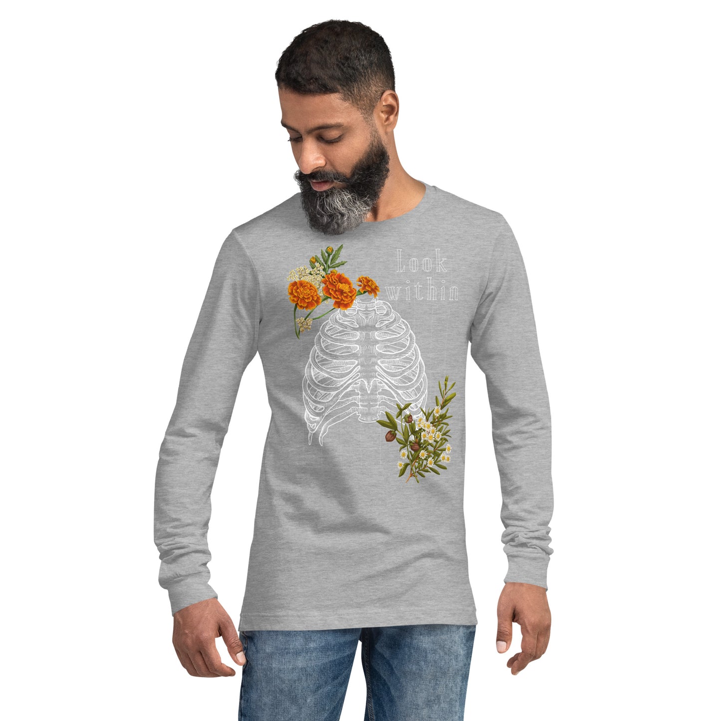 Innerline Long Sleeve Shirt - Left Placement image 1 in Black Heather, size XS, showing front view for the Look Within design.