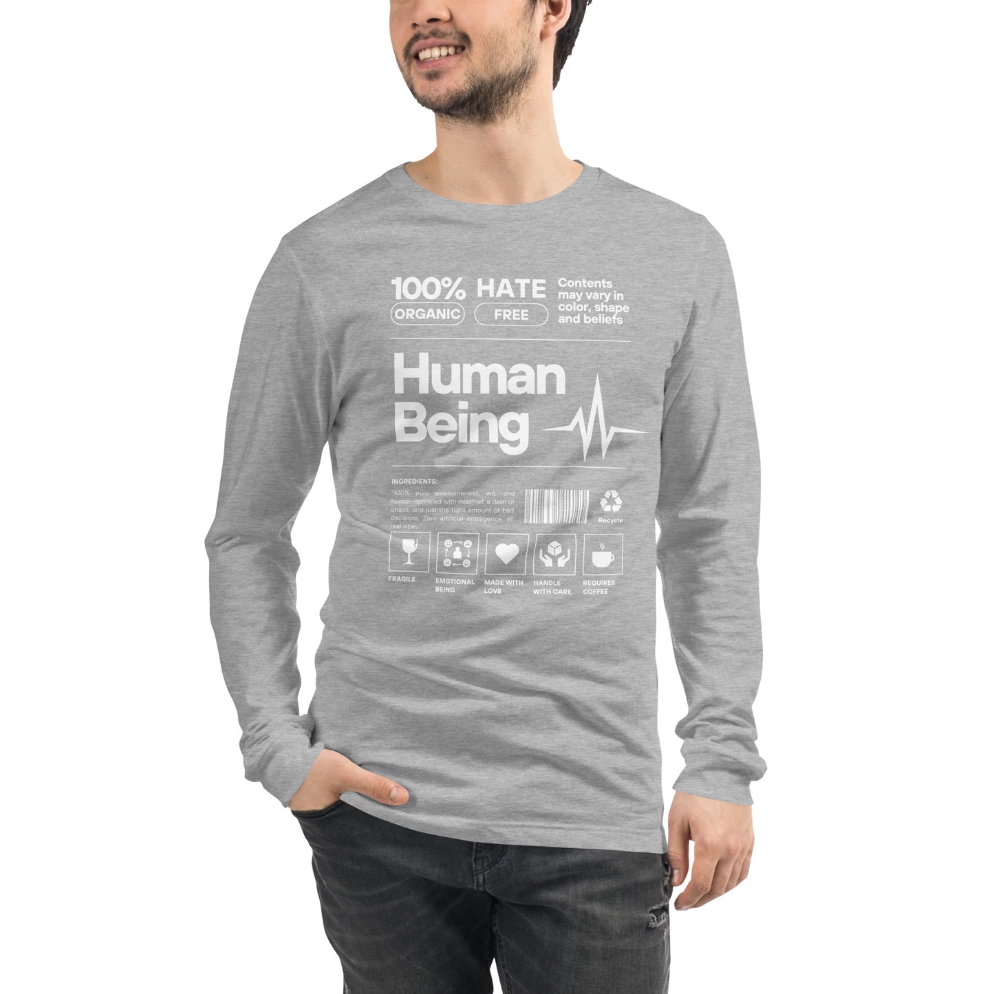 Human Form Long Sleeve Shirt - Left Placement image 1: Black Heather version, size XS with front view of the Human Being range.