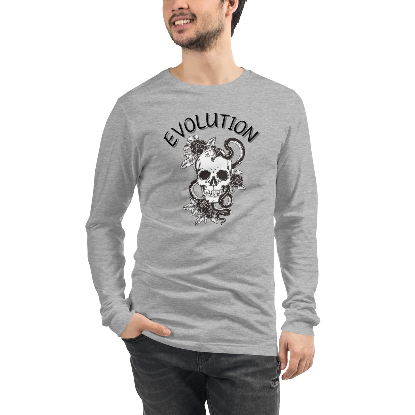 Evolution Long Sleeve Shirt - Left Placement image 1: Black Heather version, size XS with front view of the Evolution range.