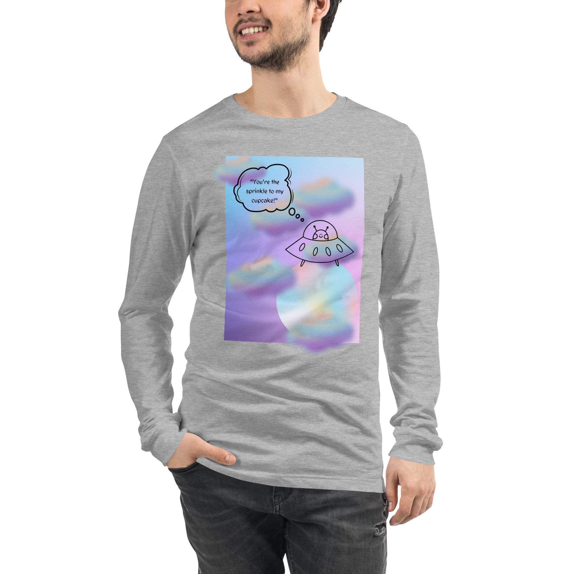 Sprinkle Theory Long Sleeve Shirt - Left Placement image 1 in Black Heather, size XS, showing front view for the You're the Sprinkle to My Cupcake design.