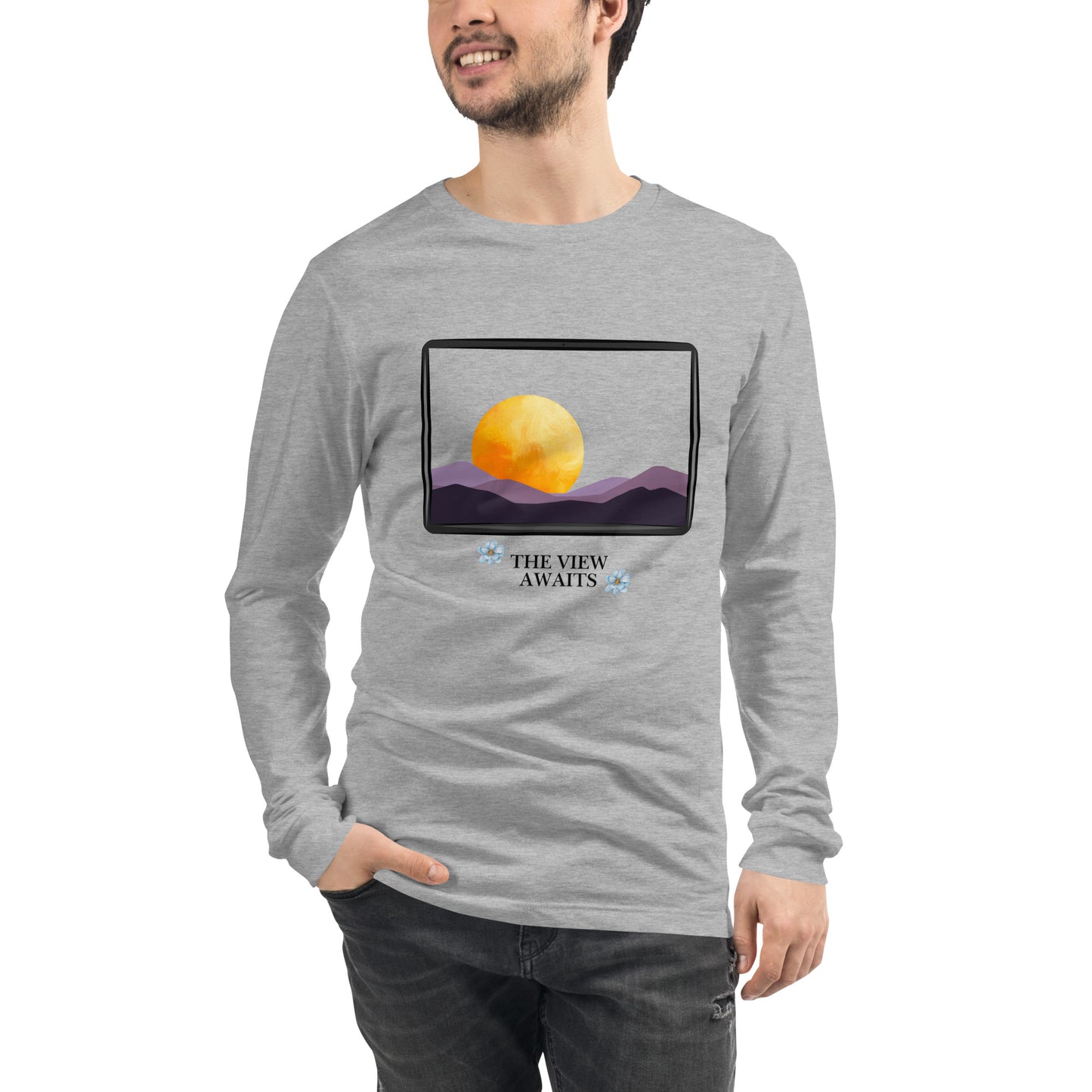 Image 85 of selected colour Avenor Long Sleeve Shirt, with The View Awaits artwork visible in front view.