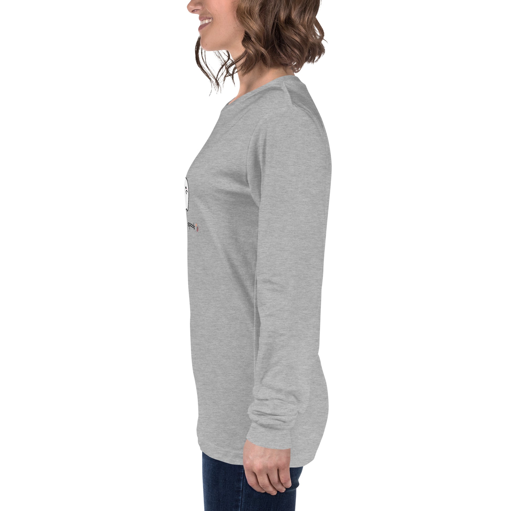 Cute Haunt Long Sleeve Shirt - Left Placement image 3: Black Heather version, size M with left-side angle of the Too Cute to Spook range.