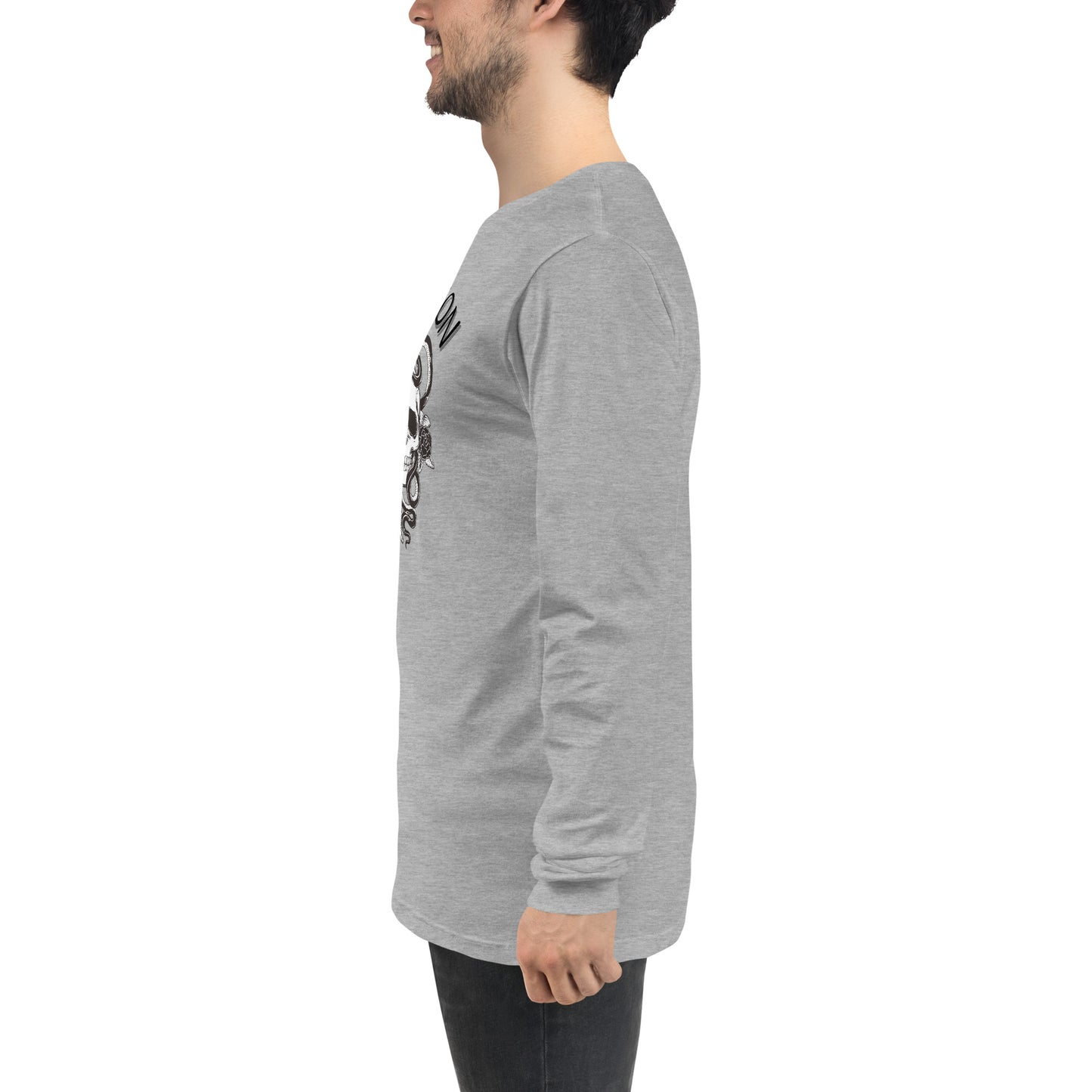 Image 3 of Black Heather Evolution Long Sleeve Shirt - Left Placement, size M, with Evolution artwork visible in left-side angle.
