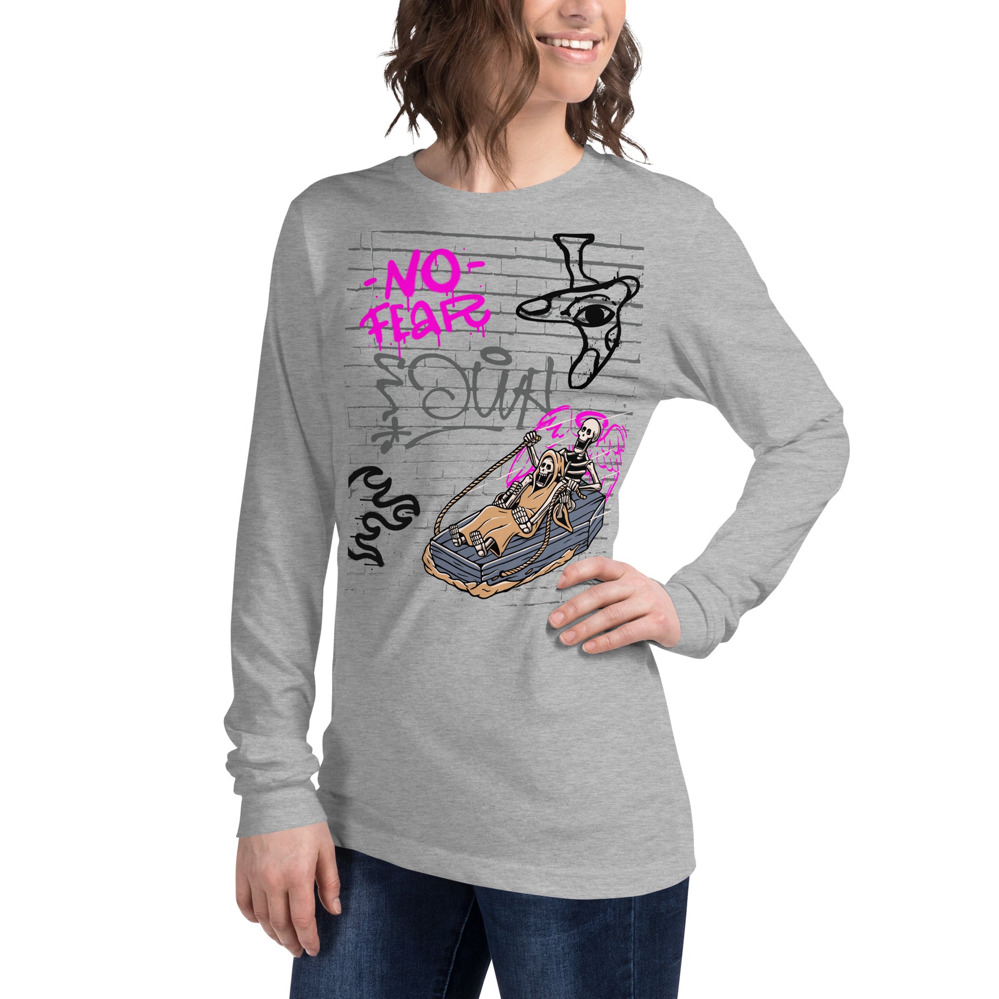 Fearless Long Sleeve Shirt - Left Placement image 3 in Black Heather, size M, showing front view, left-side angle for the No Fear design.