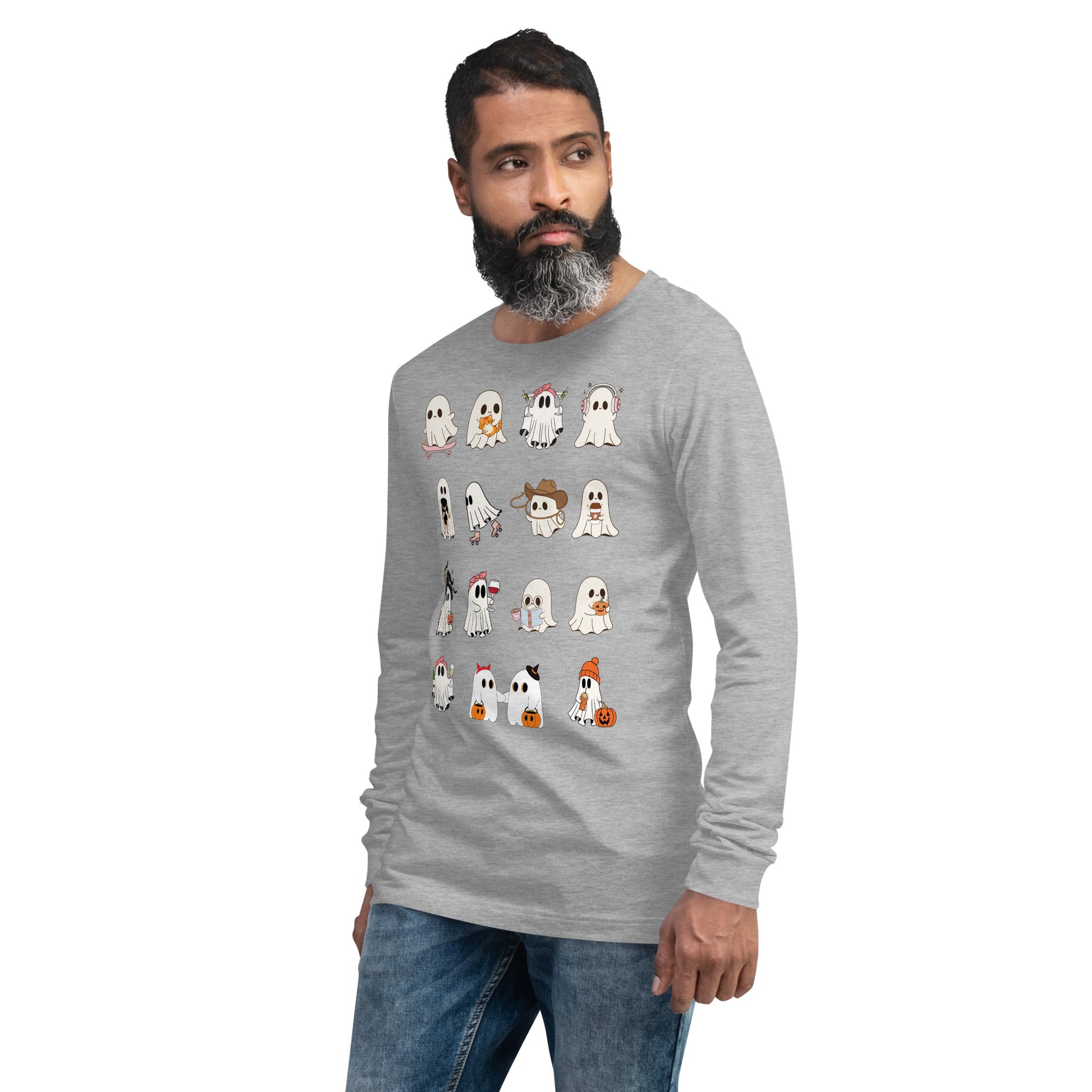 Image 3 of Black Heather Spectral Long Sleeve Shirt - Left Placement, size M, with Ghosts artwork visible in front view, left-side angle.