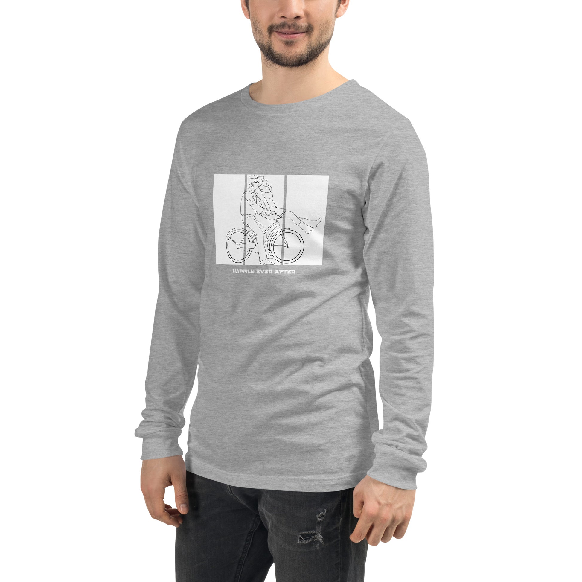 Image 5 of Black Heather Ever After Long Sleeve Shirt - Left Placement, size XL, with Happily Ever After artwork visible in front view, left-side angle.