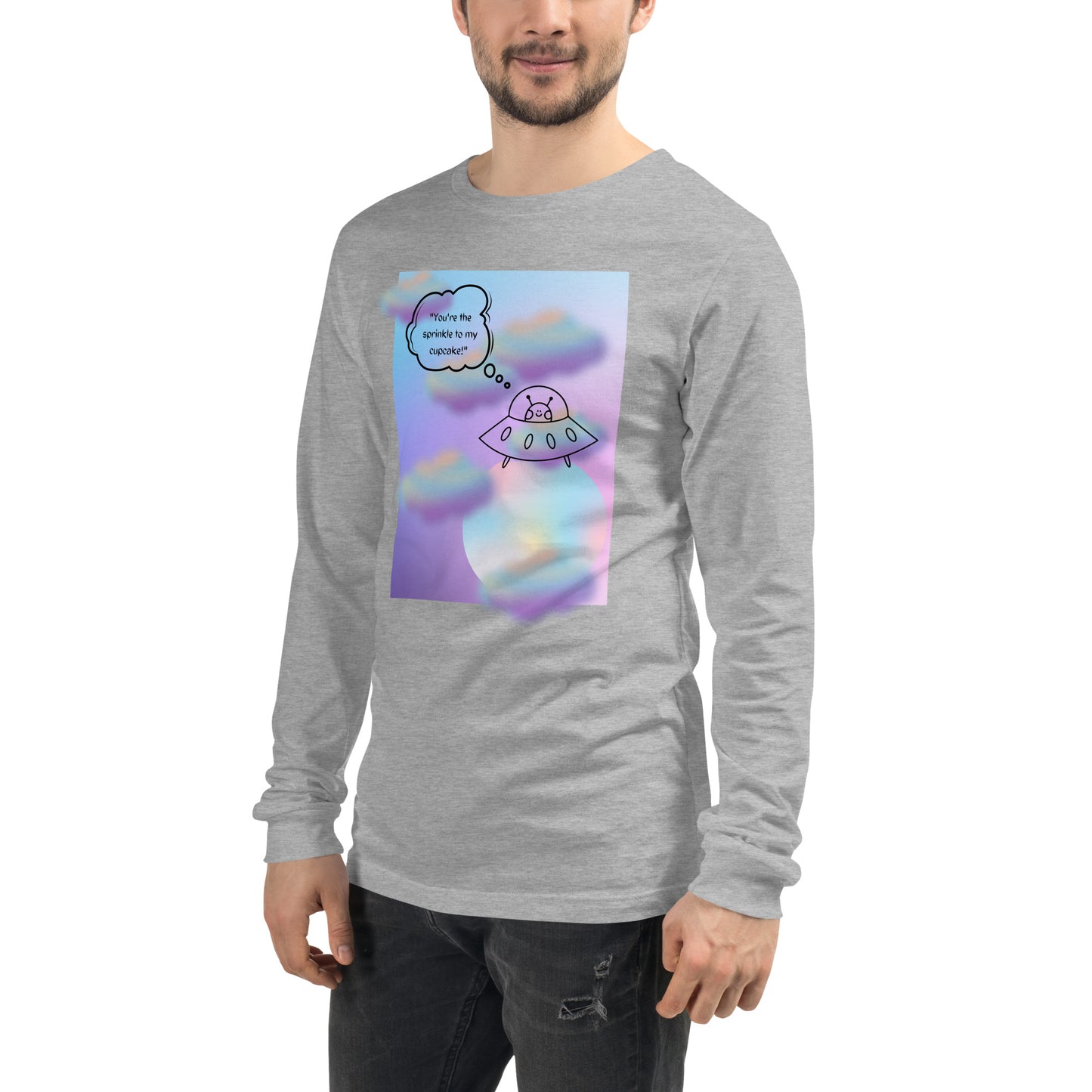 Image 5 of Black Heather Sprinkle Theory Long Sleeve Shirt - Left Placement, size XL, with You're the Sprinkle to My Cupcake artwork visible in front view, left-side angle.
