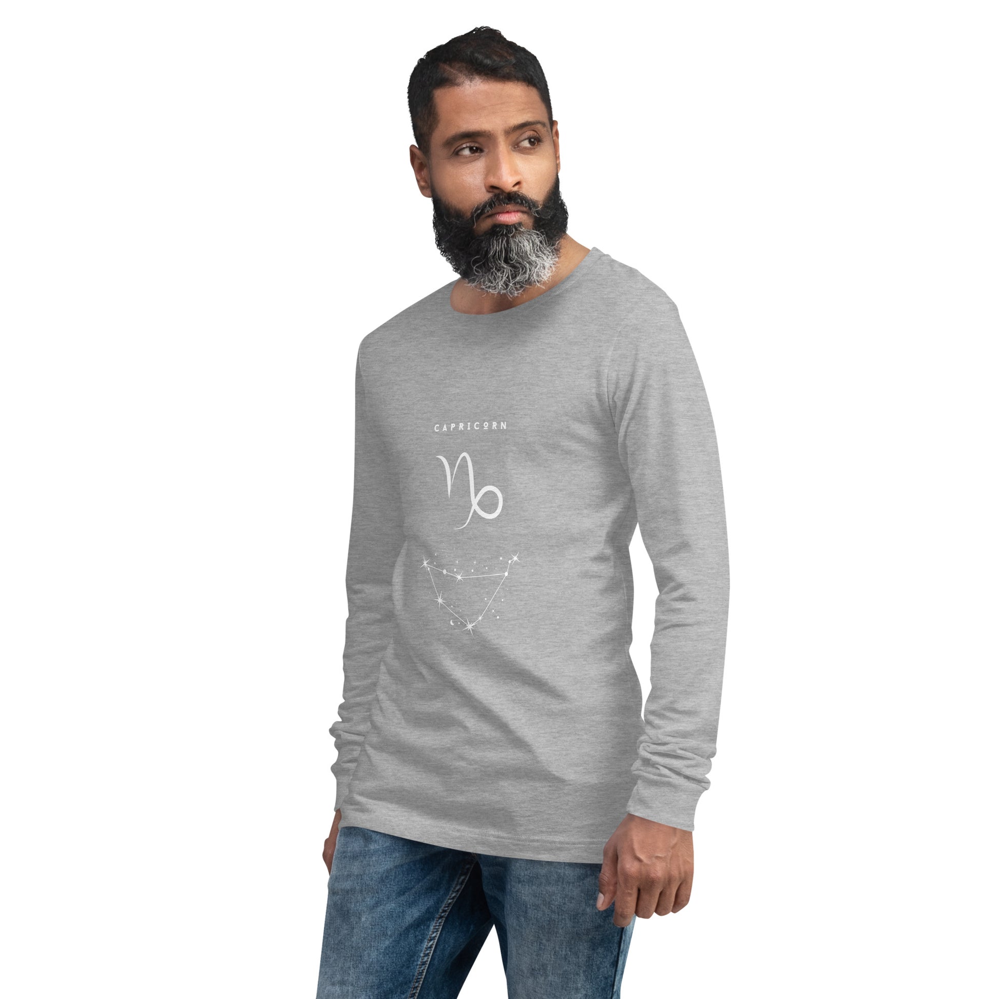 Image 59 of Heather Deep Teal Montaire Long Sleeve Shirt, size XL, with Capricorn artwork visible in front view, left-side angle.