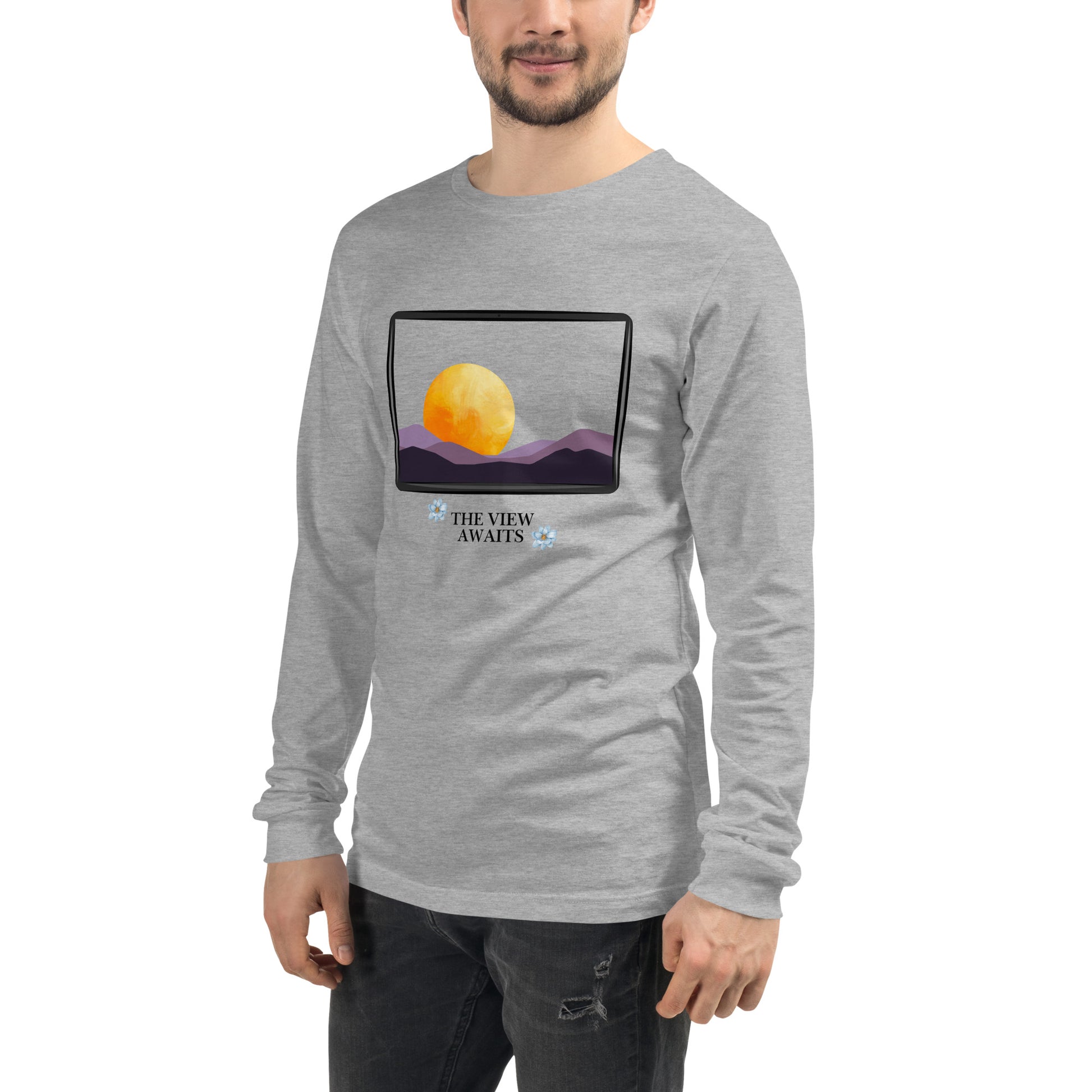 Image 89 of selected colour Avenor Long Sleeve Shirt, with The View Awaits artwork visible in front view, left-side angle.