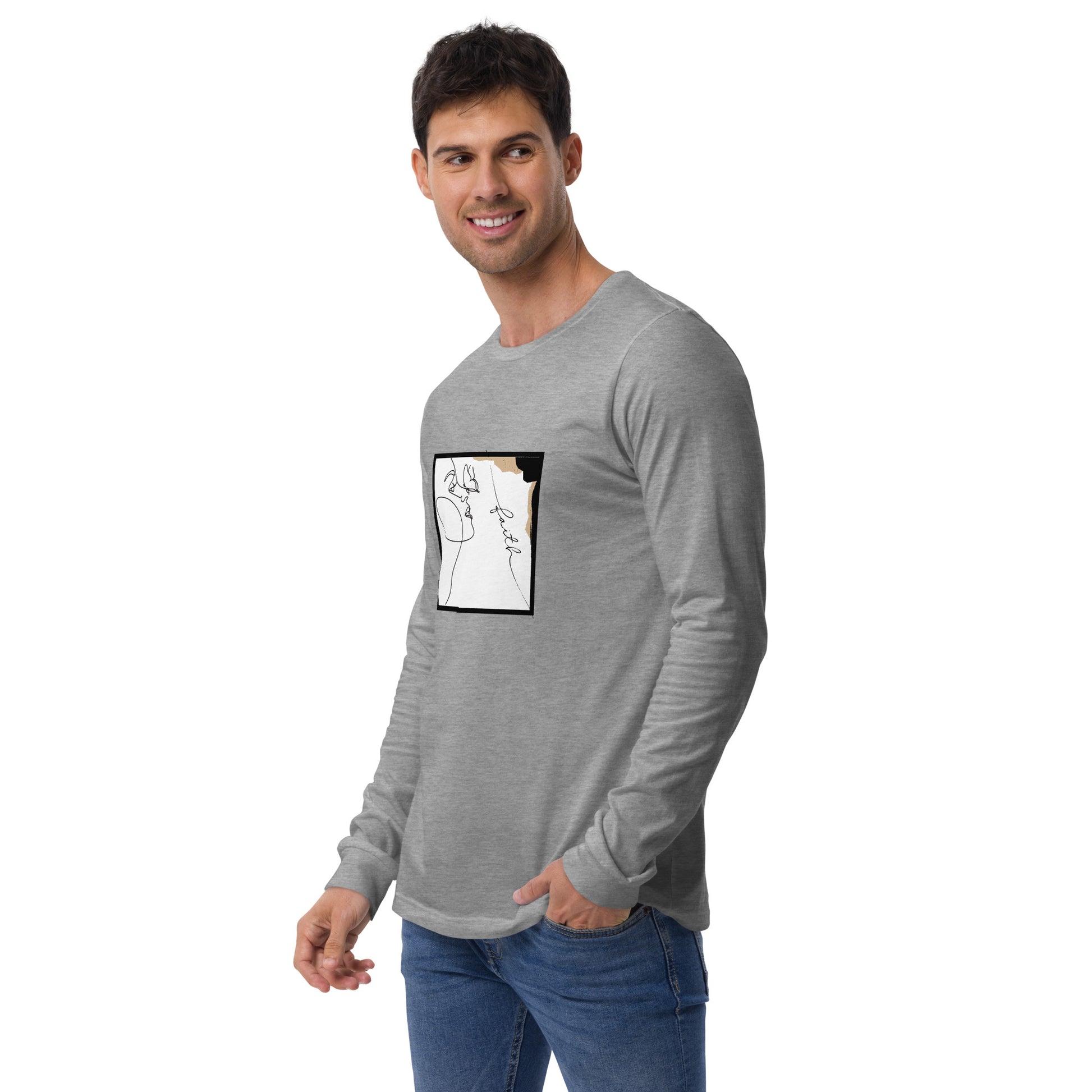 Image 2 of Black Heather Faithline Long Sleeve Shirt - Left Placement, size S, with Faith artwork visible in front view, left-side angle.