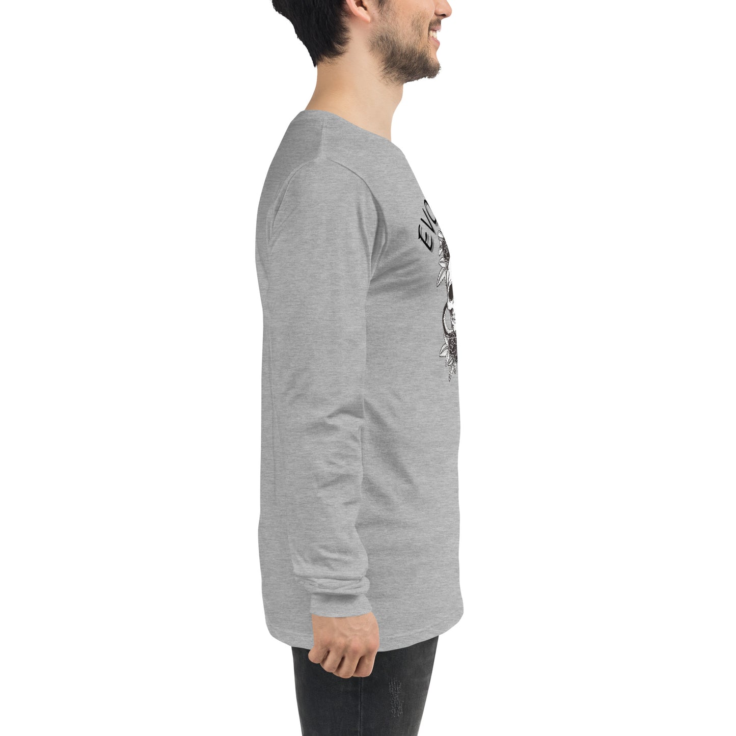 Evolution Long Sleeve Shirt - Left Placement image 4: Black Heather version, size L with right-side angle of the Evolution range.