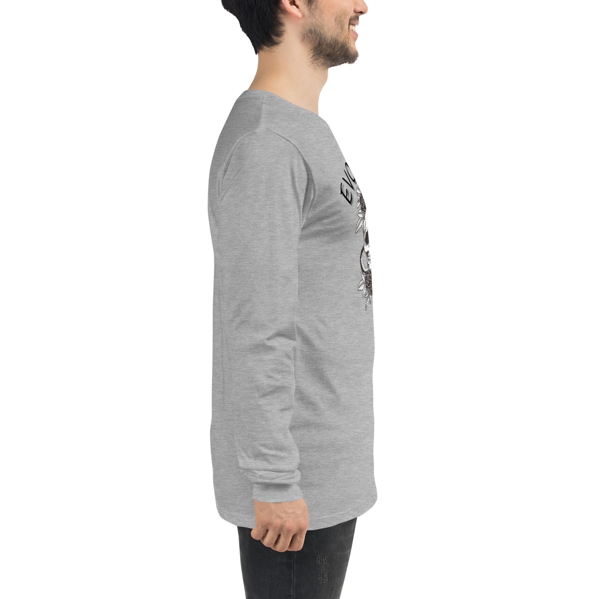 Evolution Long Sleeve Shirt - Left Placement image 4: Black Heather version, size L with right-side angle of the Evolution range.