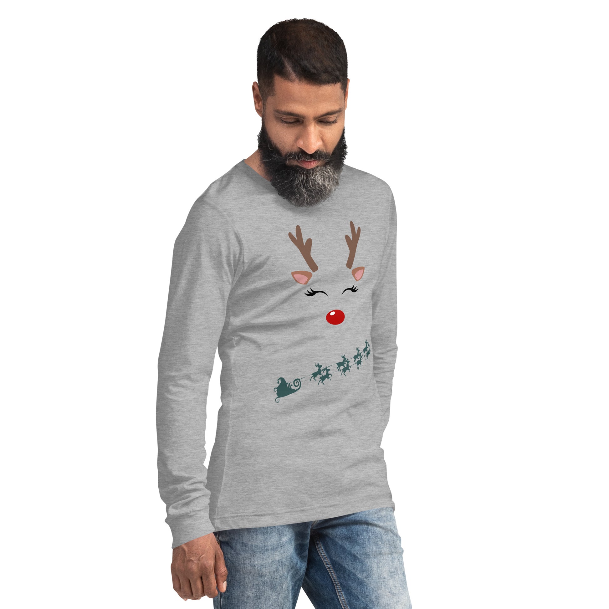 Northern Run Long Sleeve Shirt - Left Placement image 3 in Navy, size M, showing front view, right-side angle for the Reindeer design.