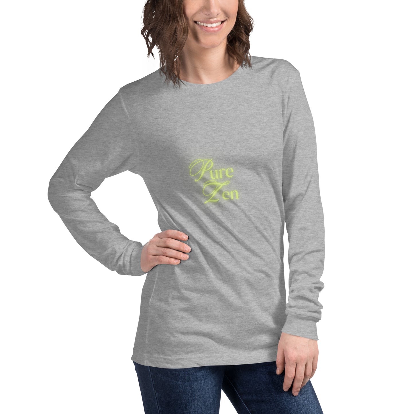 Image 2 of Black Heather Zenline Long Sleeve Shirt - Left Placement, size S, with Pure Zen artwork visible in front view, right-side angle.