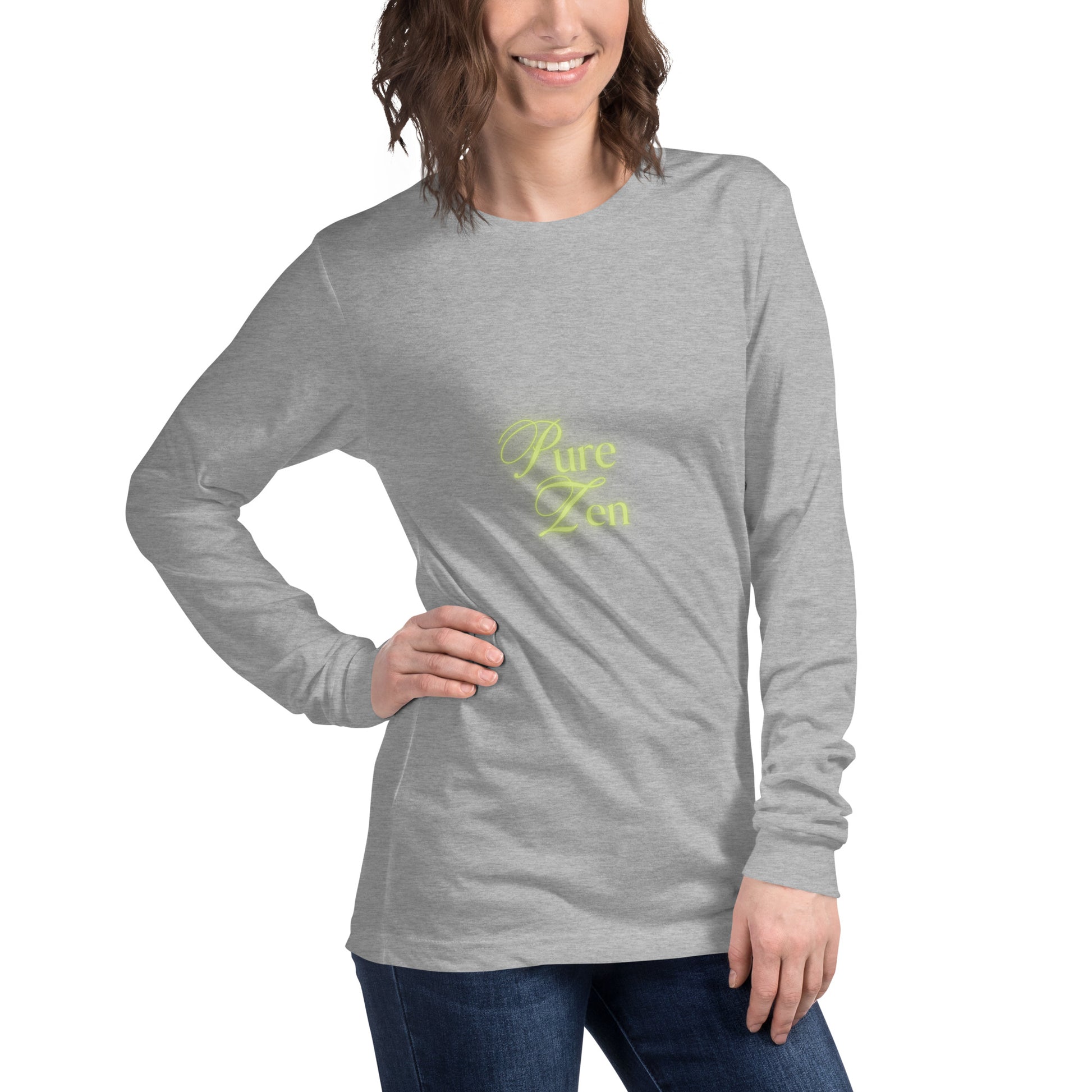 Image 2 of Black Heather Zenline Long Sleeve Shirt - Left Placement, size S, with Pure Zen artwork visible in front view, right-side angle.