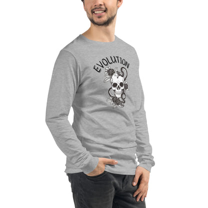 Image 6 of Black Evolution Long Sleeve Shirt - Left Placement, size XS, with Evolution artwork visible in front view, right-side angle.